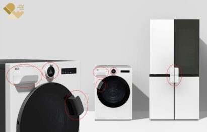 A closer image of a washer, dryer and refrigerator next to each other
