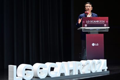 A photo of William Cho (CEO of LG Electronics) delivering welcome remarks at the Global Consortium for Advanced Heat Pump Research (GCAHR 2024)