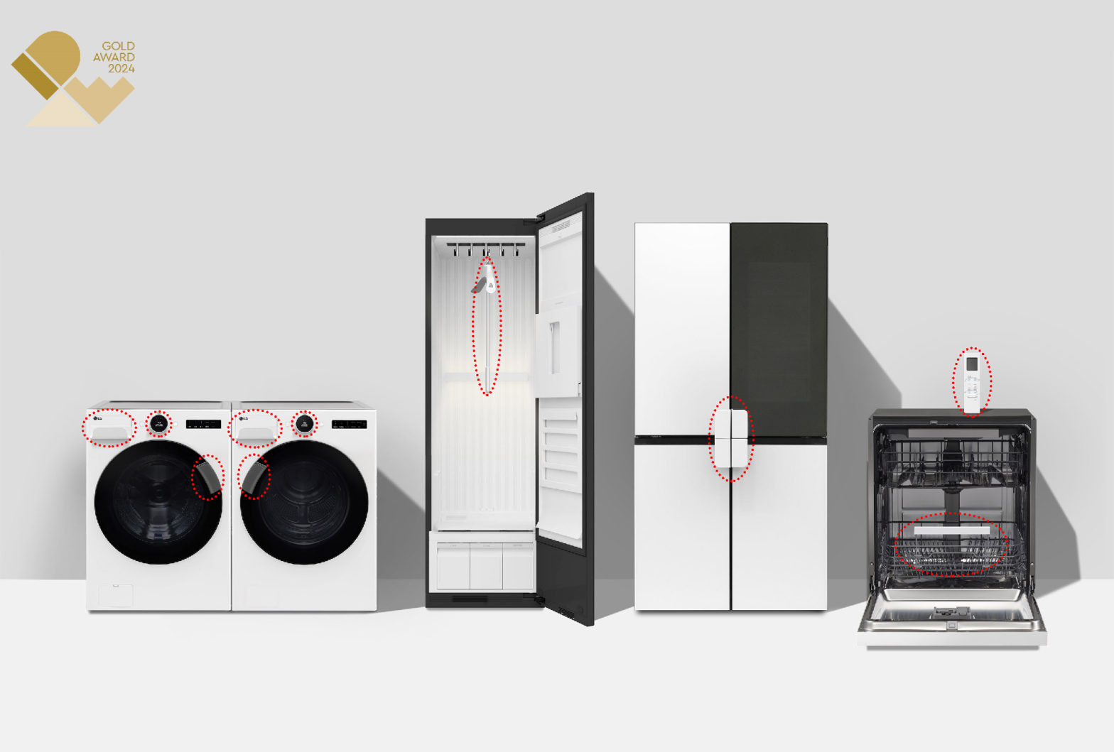 Image of a washer and dryer, styler, refrigerator and dishwasher next to each other