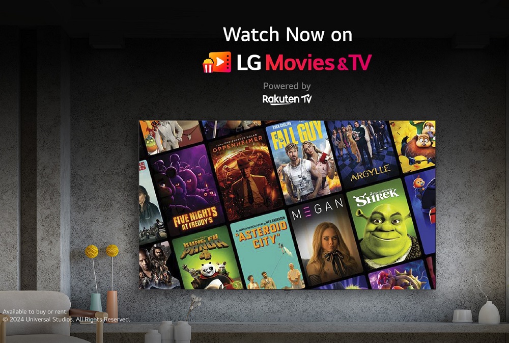 A promotional illustrative image showcases the LG Movies & TV event, featuring posters of content on an LG TV