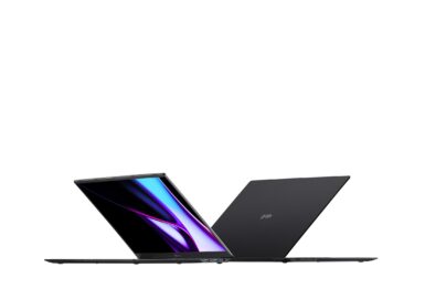 Two LG gram 16 Pros, each with half-open lids