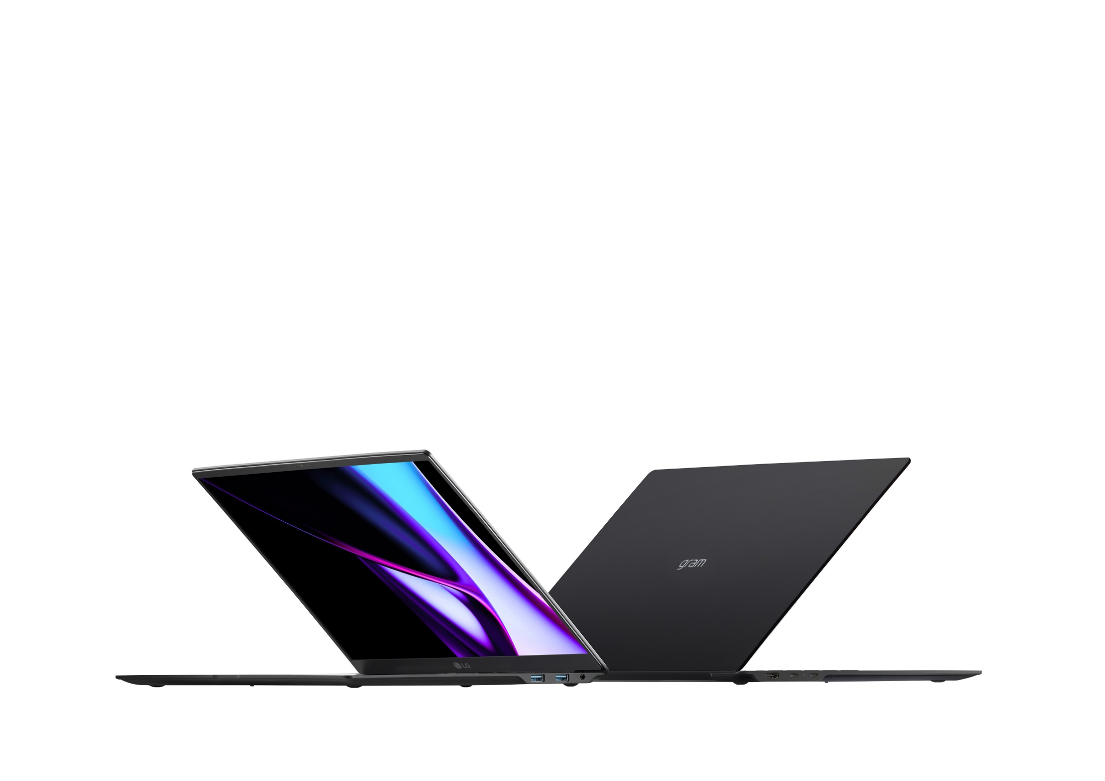 Two LG gram 16 Pros, each with half-open lids