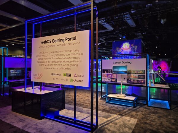 An information wall introduces the webOS Gaming Portal at LG’s PAX West Booth