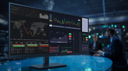 LG UltraWide Business Monitor with graph data displayed on its screen