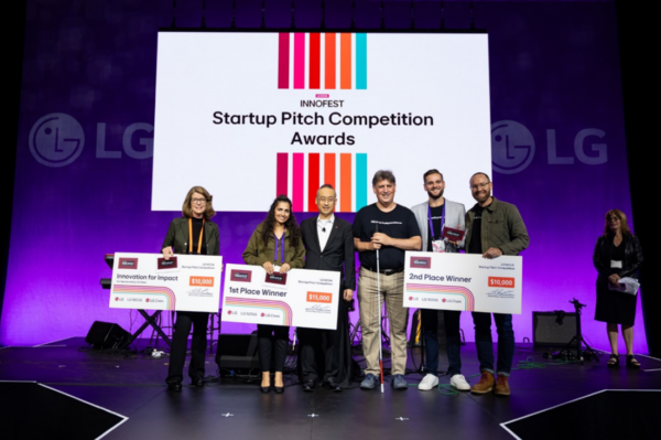 A picture of the Startup Pitch Competition winners taking a picture on stage