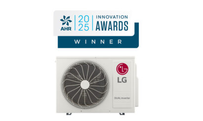 A photo of the LG DUAL Inverter heat pump and its 2025 AHR Innovation Award