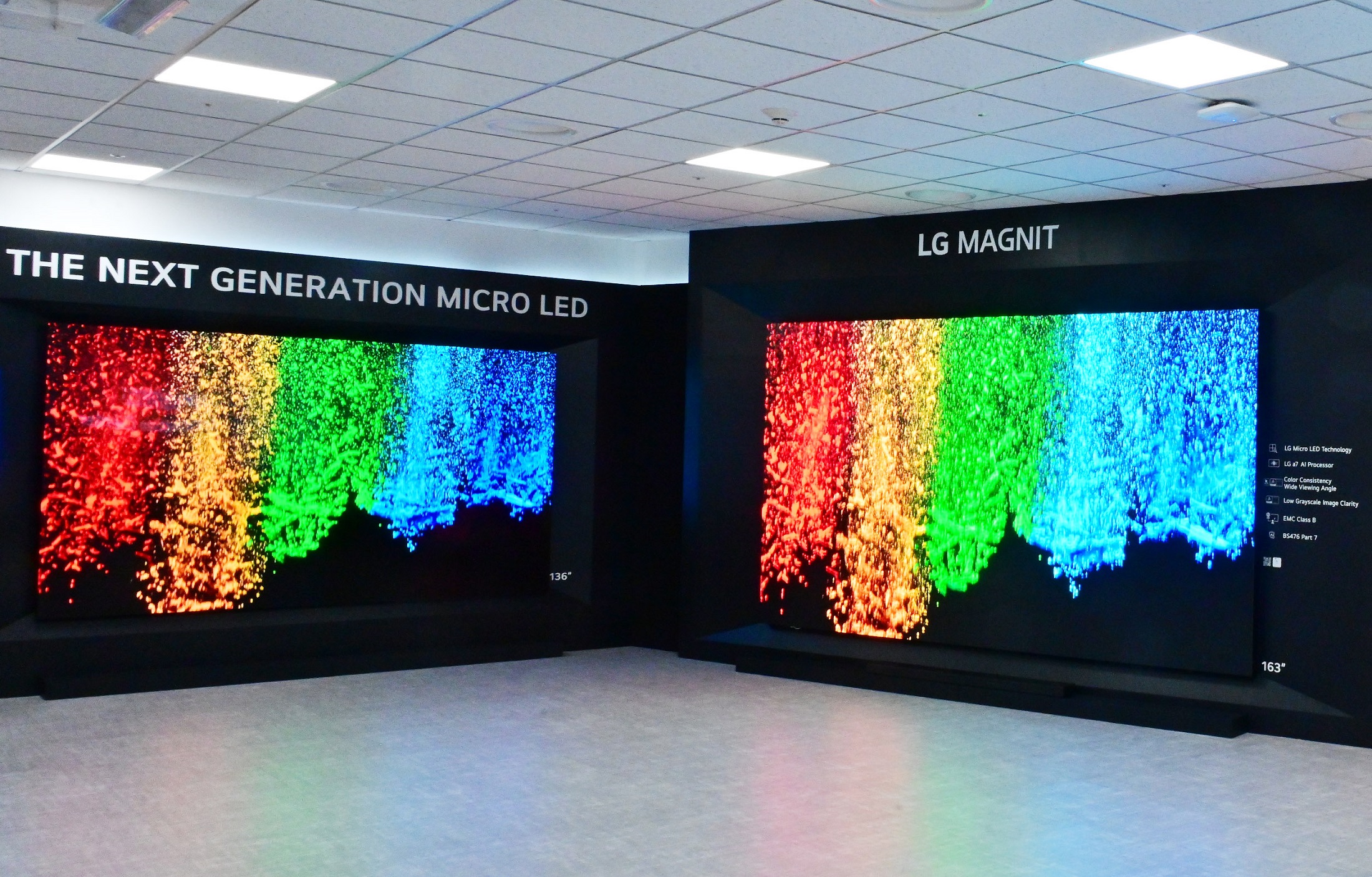 Two LG Micro LED signages each displaying rainbow-colored lights
