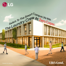 An illustration of five students walking in front of a campus building, with a text above them promoting Laundry Crew