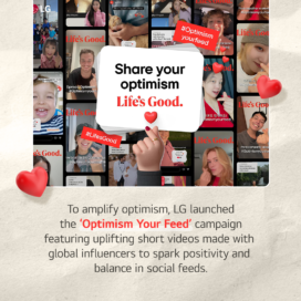 An illustration of people who participated in the Optimism Your Feed campaign and a description of the campaign under the picture