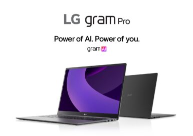 Side angled view of two LG grams, one showcasing front, and the other the back