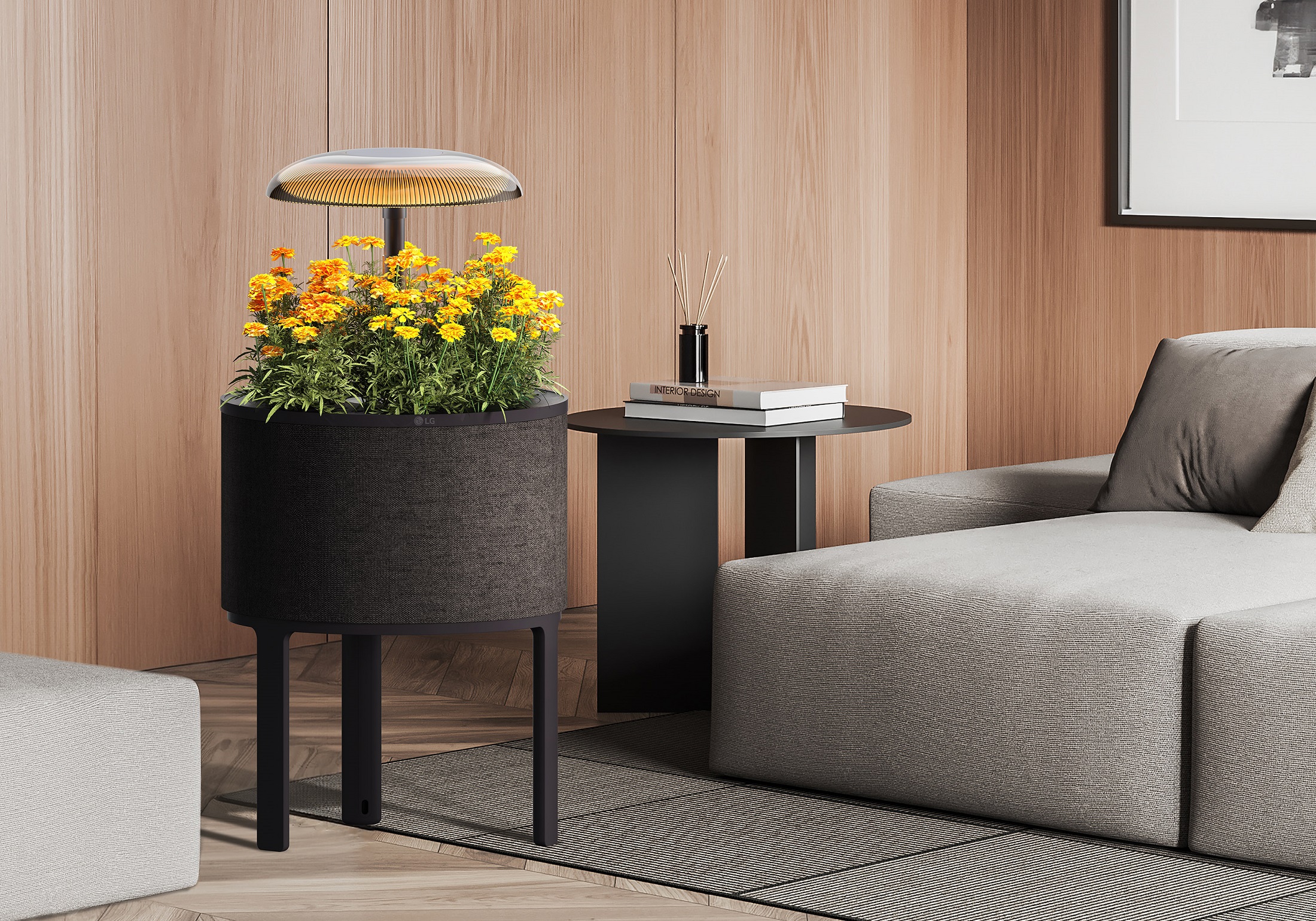 A photo of the new LG indoor gardening appliance with a nature-inspired side table design set up in a living space