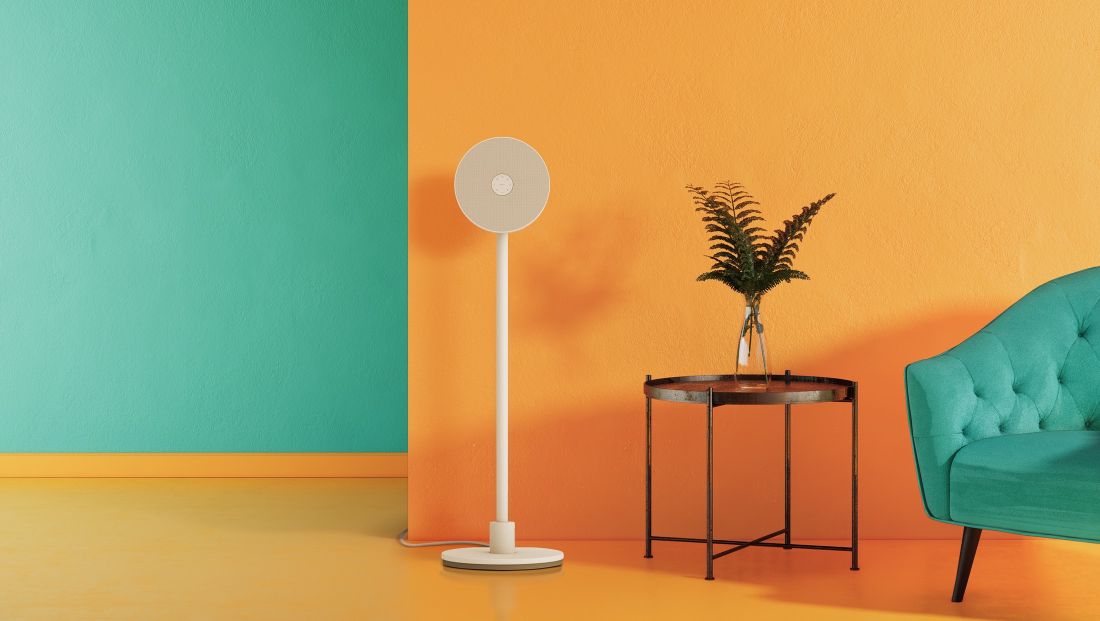 LG Projector PF600U beside a coffee table holding a glass vase with an artificial fern