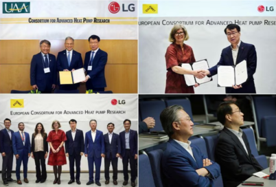 Four photos of James Lee with HVAC experts and academic partners