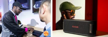 A photo of will.i.am checking out audio products at LG booth on the left, and a photo of the xboom Bounce from the xboom lineup on the right