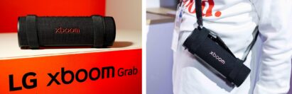 A photo LG xboom Grab on the left, and a photo of a person wearing xBoom Grap on the right