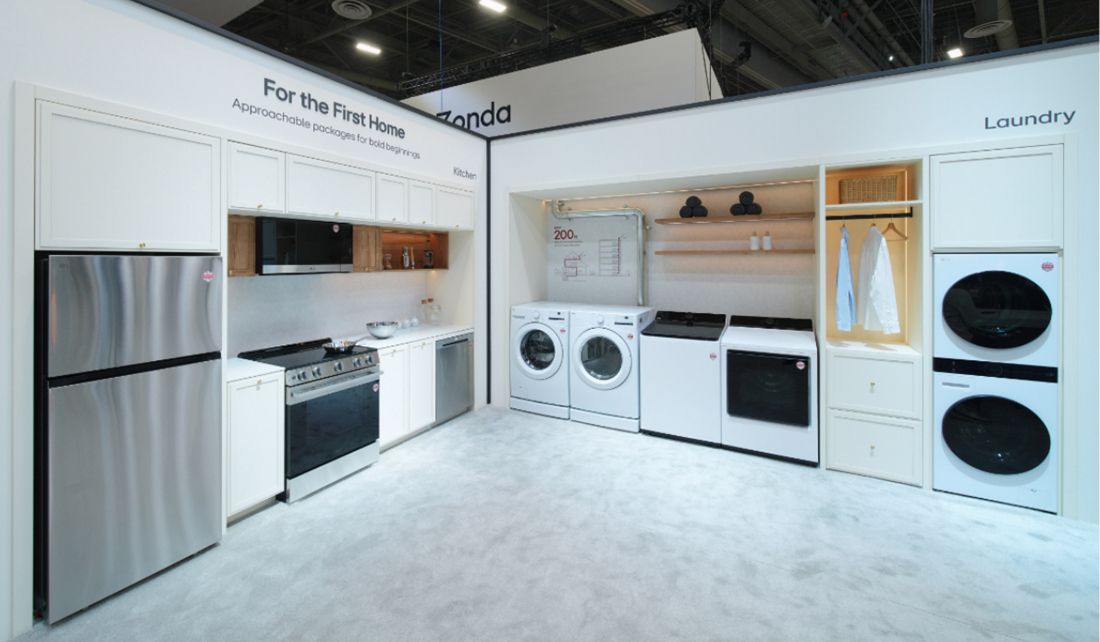 An angled view of 'For the First Home' home appliance solutions exhibit