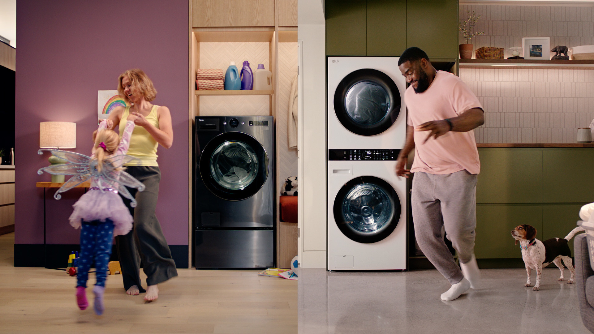 A photo of a family dancing in front of LG washing machine